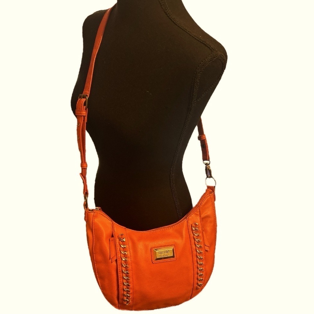 Nicole Miller Distressed Coral Multi Storage Satchel w/Gold Studs & Braiding